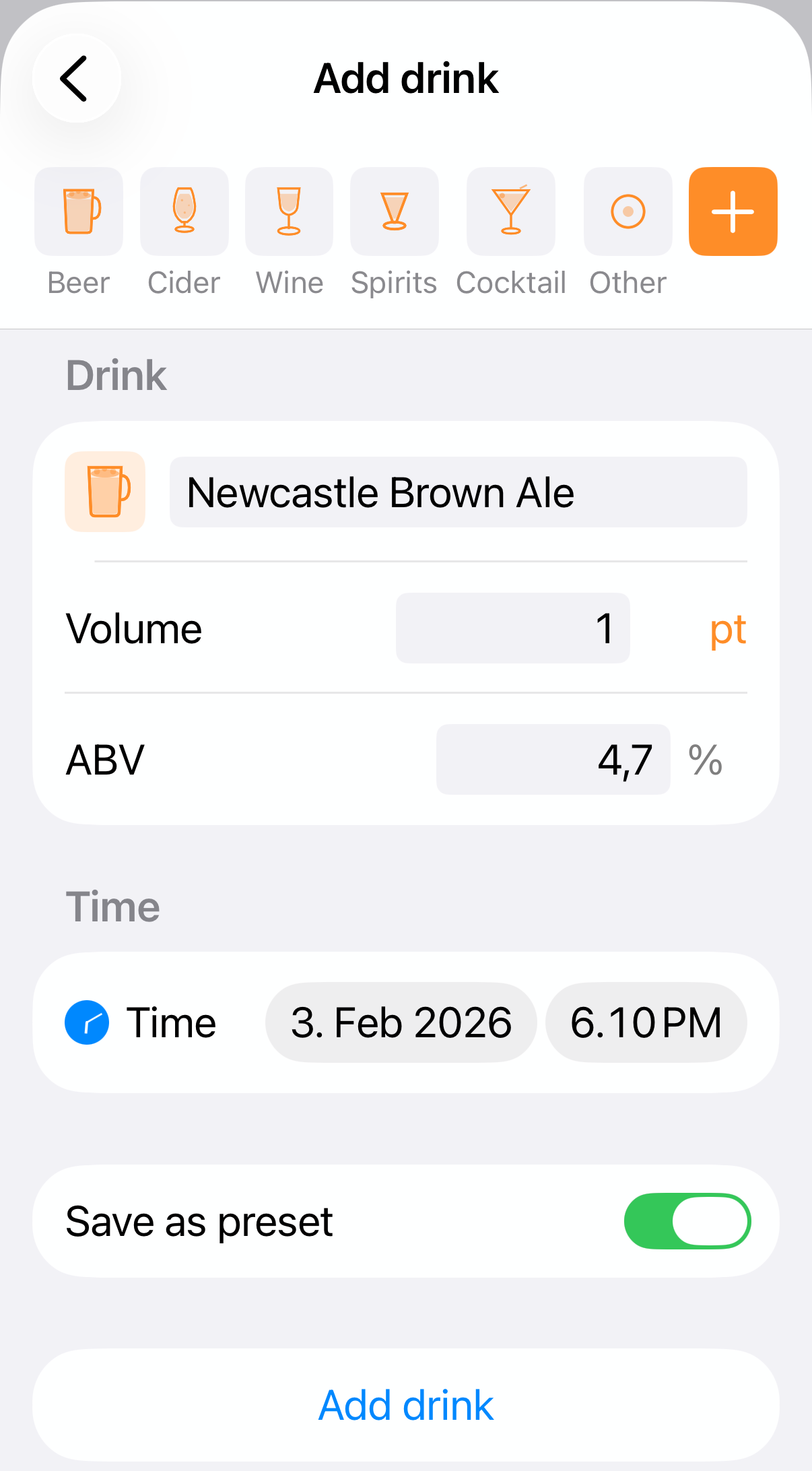 Add custom drink