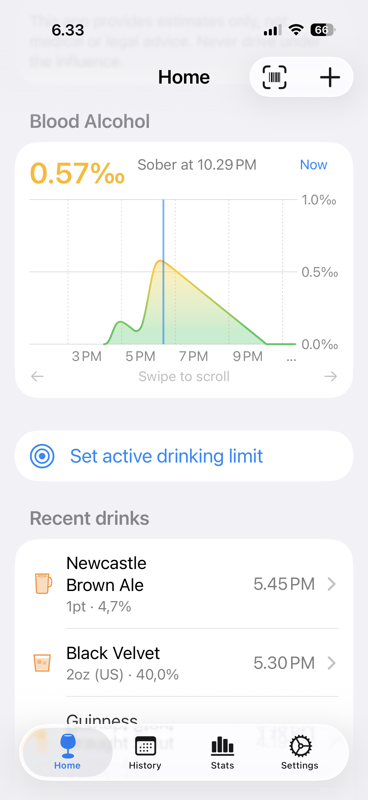 DrinkAware app showing real-time BAC monitoring